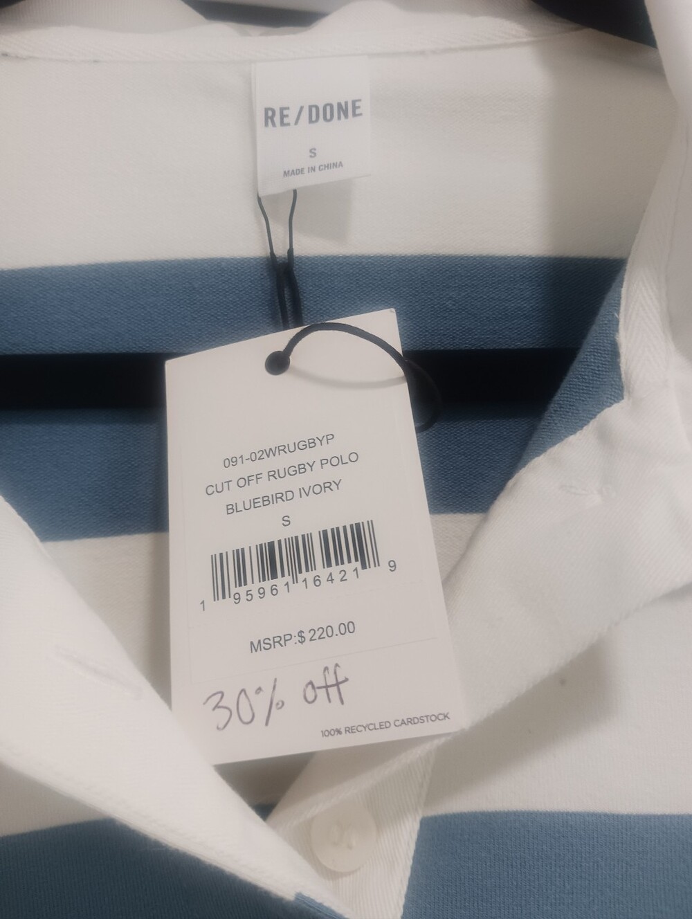 Re/Done Bluebird and Ivory Striped Rugby Polo